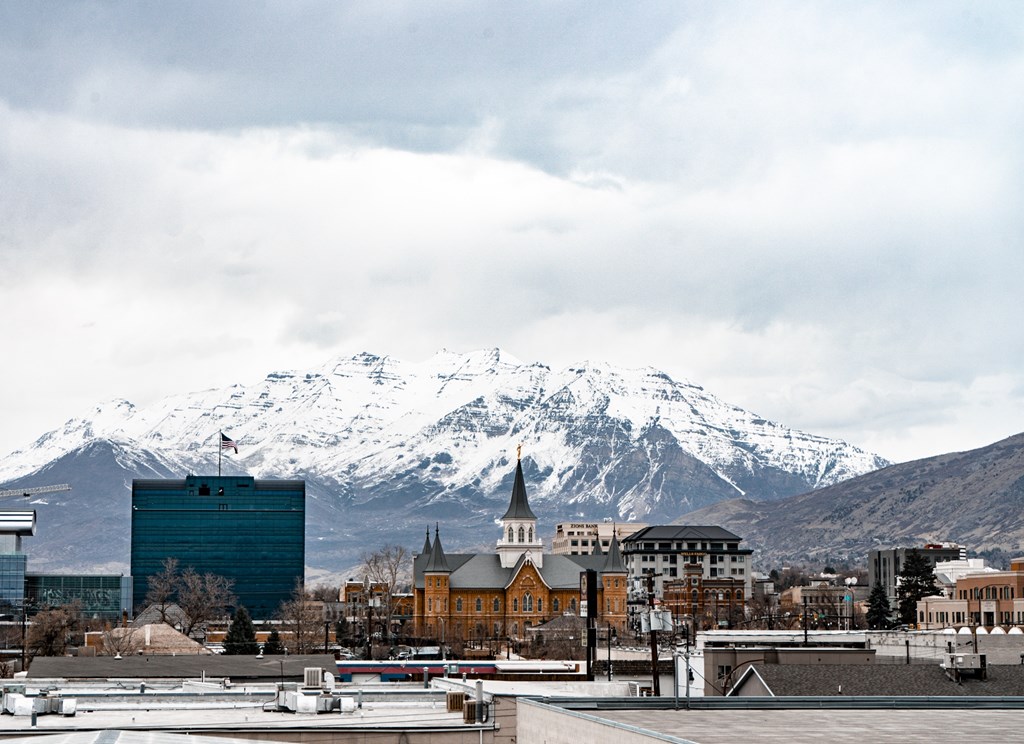 A cityscape with a mountain in the background.