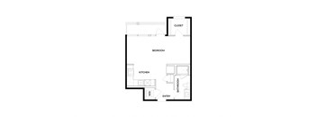 A floor plan of a small apartment with a closet, bedroom, kitchen, bathroom, and entry.