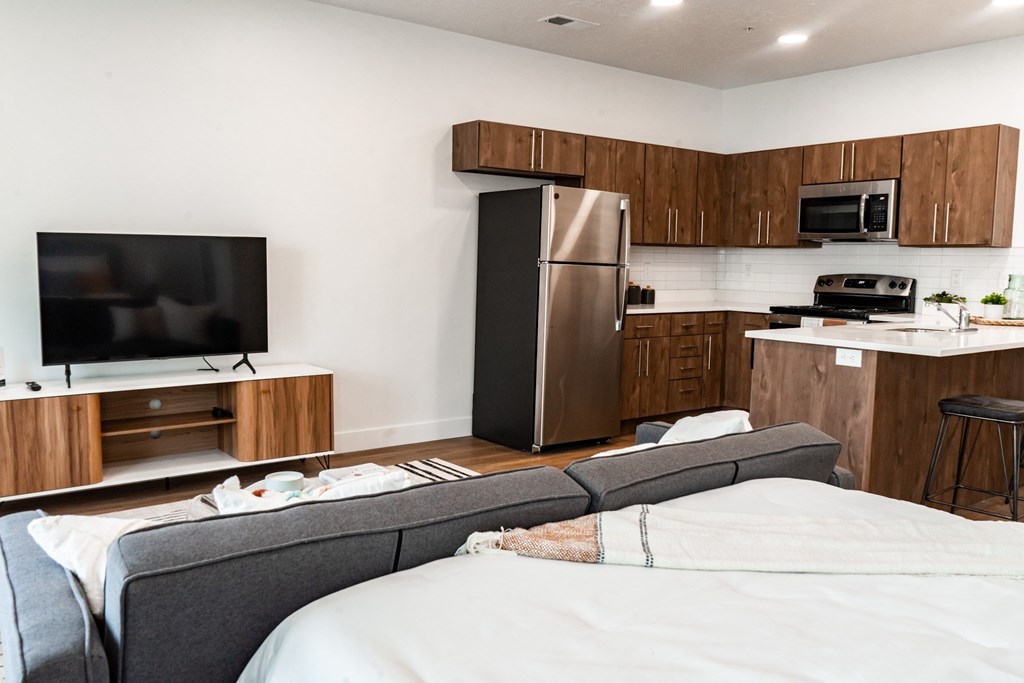 A modern bedroom with a bed, a TV, a refrigerator, and a kitchenette.