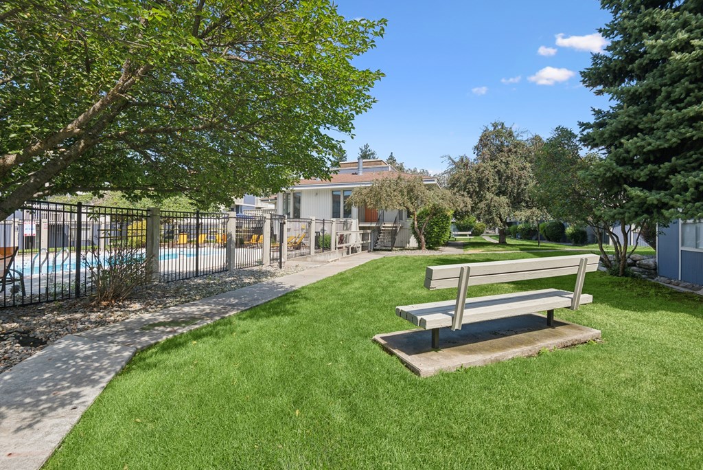 A bench sits in the middle of a grassy area.