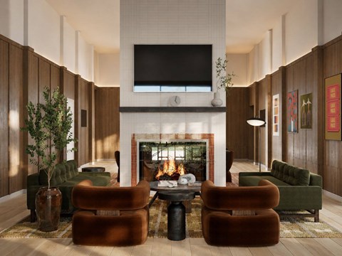 A modern living room with a fireplace and a flat screen TV mounted above it.