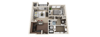 A 3D floor plan of a small apartment with a kitchen, living room, and bathroom.
