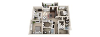 A 3D floor plan of a small apartment with a kitchen, living room, and bathroom.