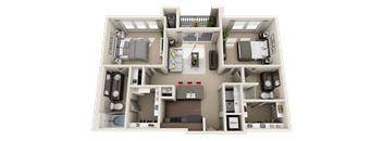 A 3D floor plan of a small apartment with a kitchen, living room, and two bedrooms.