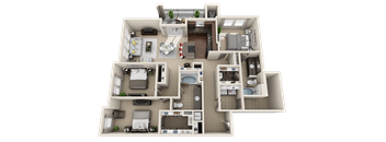 A 3D floor plan of a multi-bedroom apartment with a living room, kitchen, and bathrooms.