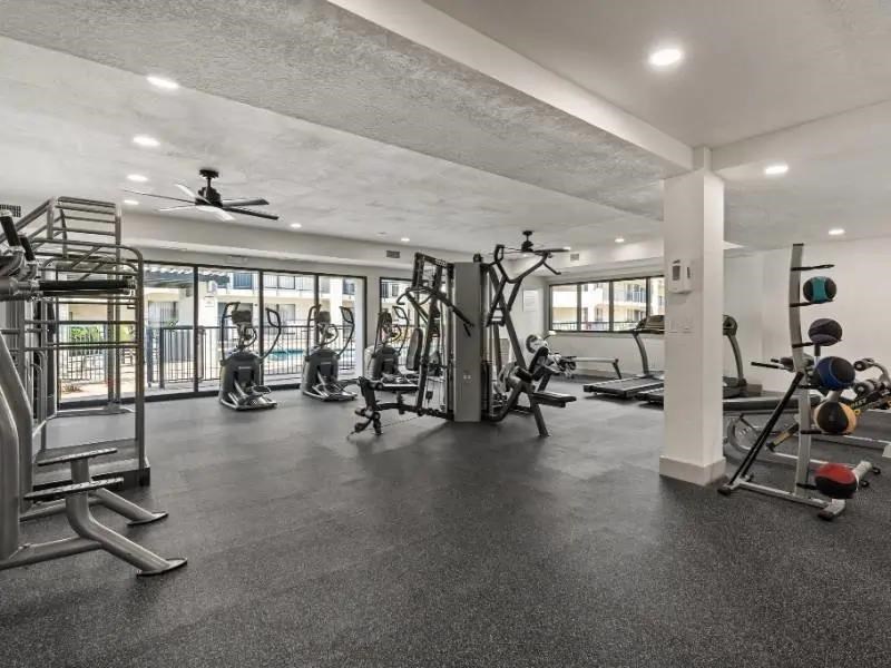 A spacious gym with a variety of equipment including treadmills, weights, and a fan.