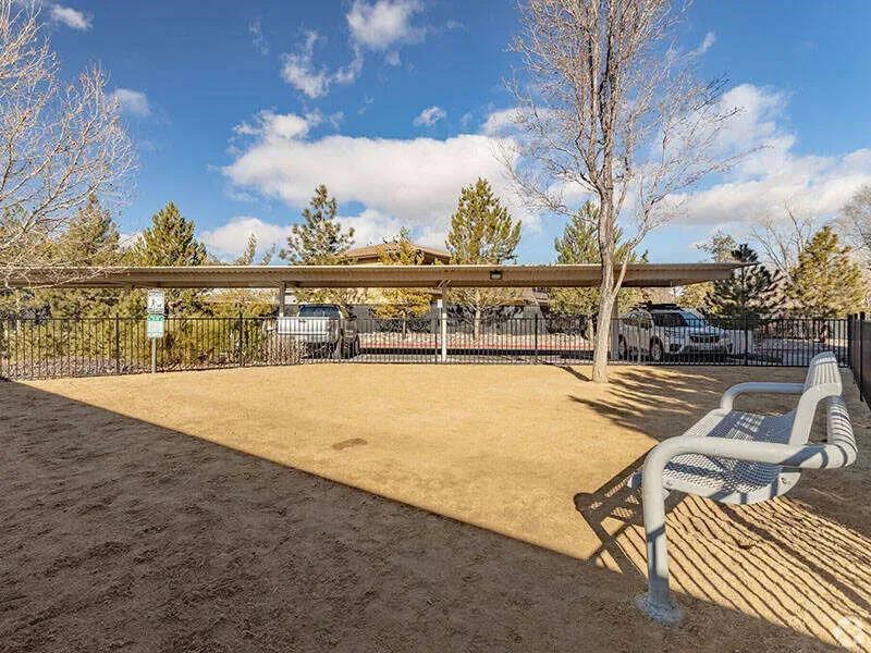 A park with a bench and a tree in the foreground and a building in the background.