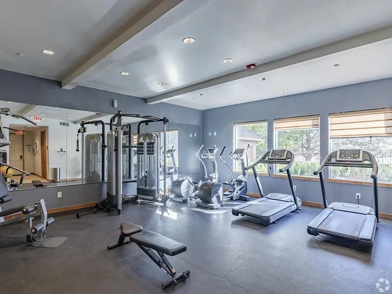 A spacious gym with treadmills, weights, and mirrors.