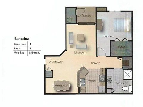 A floor plan of a bungalow with one bedroom and one bathroom.