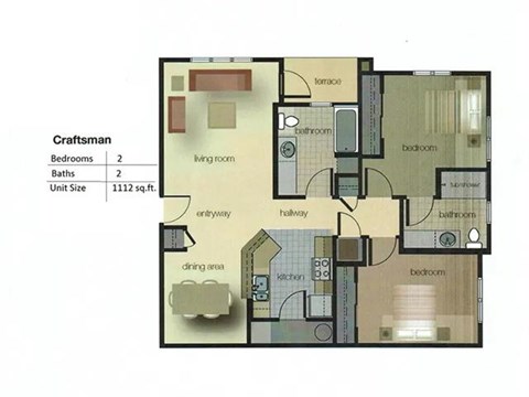 A floor plan of a craftsman style home with 2 bedrooms and 2 baths.