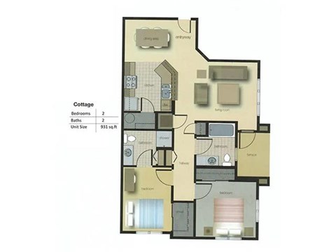 A floor plan of a cottage with two bedrooms, two bathrooms, and one kitchen.