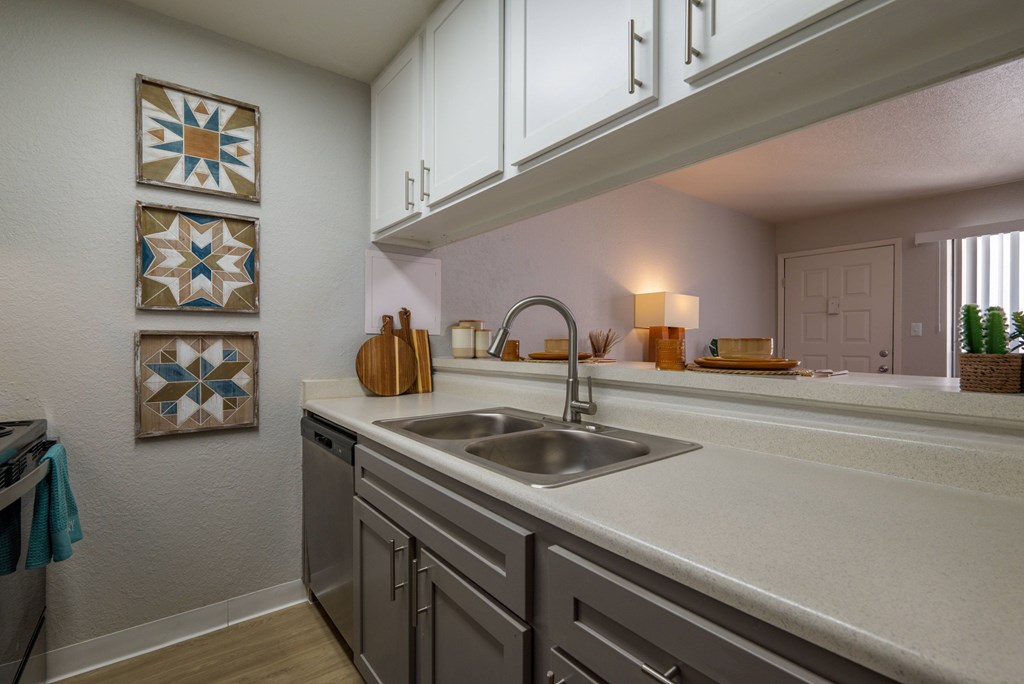 A kitchen with a white sink and a wall hanging.