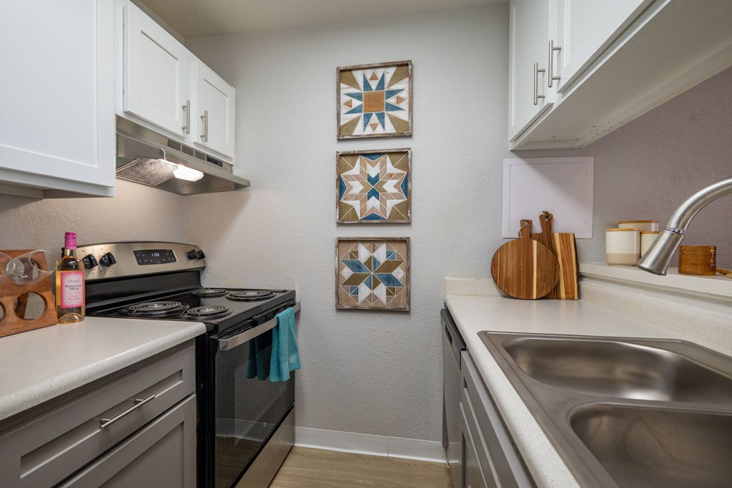 A kitchen with a stove, sink, and cabinets.