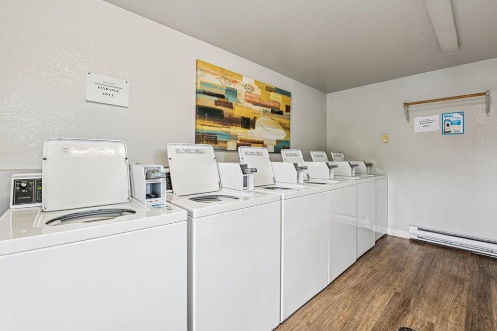 A row of washing machines in a laundromat.