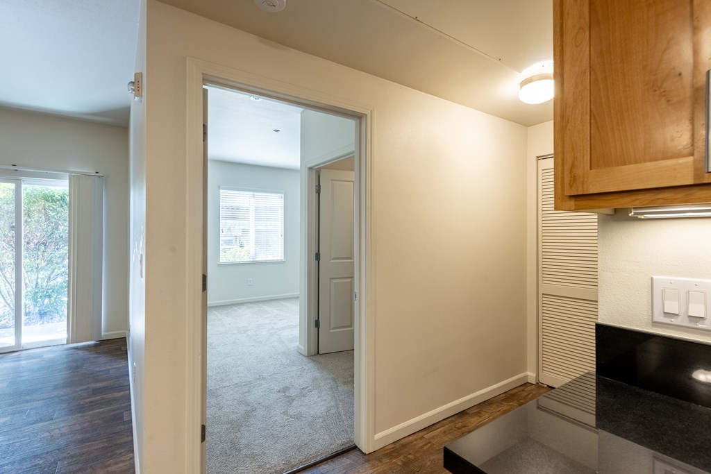 A kitchen area with a black countertop and wooden cabinets.