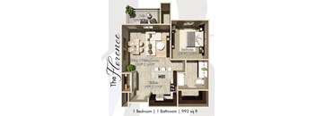 A floor plan of a one bedroom apartment with a bathroom and living room.