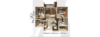 A diagram of a two bedroom, two bathroom apartment sized at 1,245 square feet.