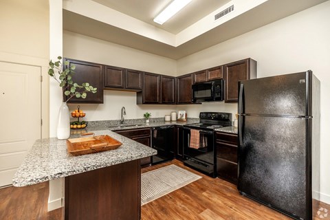 A kitchen with a black refrigerator and wooden cabinets.