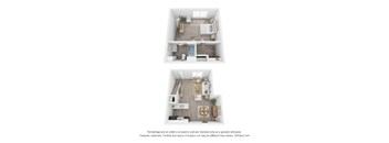 A floor plan of a small apartment with a kitchen, living room, and bathroom.