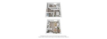 Two images of a small apartment layout with a kitchen, living room, and bedroom.