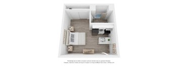 A 3D floor plan of a small apartment with a kitchen, living room, and bathroom.