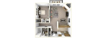 A 3D rendered image of a small apartment layout.