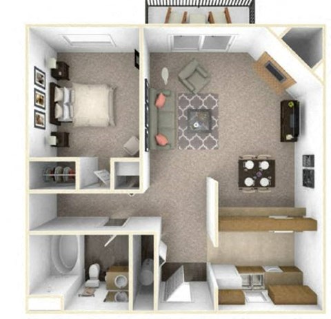 A 3D rendered image of a small apartment layout.