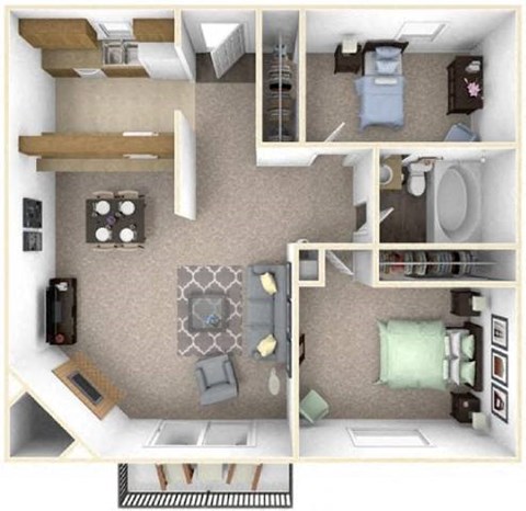 A floor plan of a small apartment with a kitchen, living room, and bathroom.