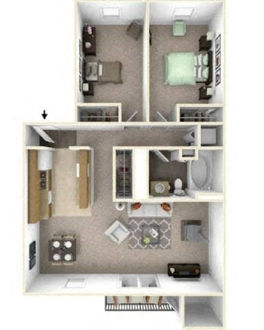 A floor plan of a small apartment with a kitchen, living room, and bathroom.