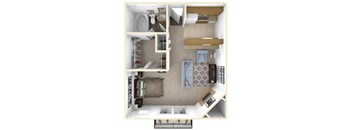 A small apartment with a kitchen, living room, and bathroom.
