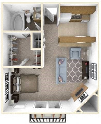 A small apartment with a kitchen, living room, and bathroom.