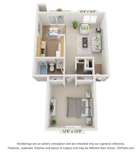 A 3D floor plan of a small apartment with a kitchen, living room, and bedroom.
