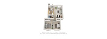 A floor plan of a small apartment with two bedrooms and a living area.