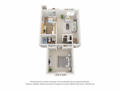 A 3D floor plan of a small apartment with a kitchen, living room, and bedroom.