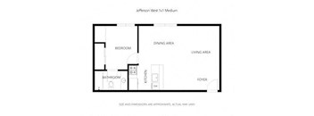 A floor plan of a Jefferson West 1k1t Medium apartment with a living area, dining area, bedroom, kitchen, bathroom, and foyer.