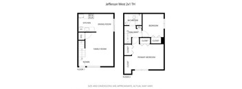 A floor plan of a two-story townhouse with a kitchen, dining room, family room, and bedrooms.