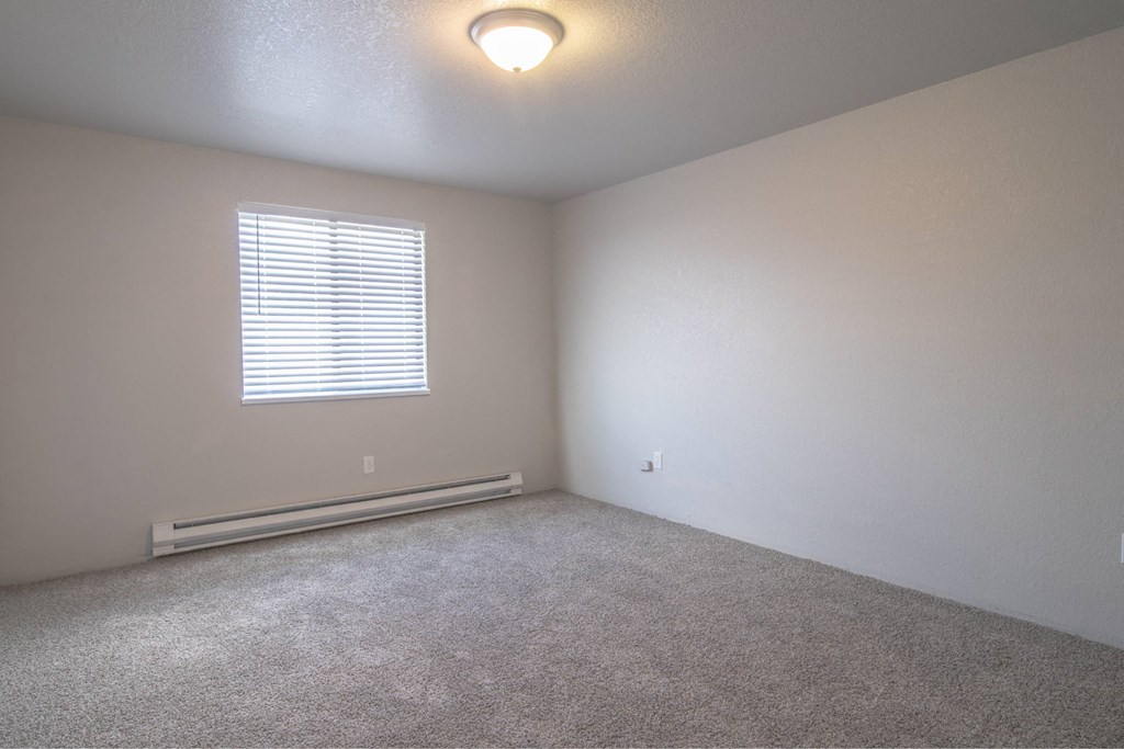 A room with a carpeted floor, a window with blinds, and a ceiling light fixture.