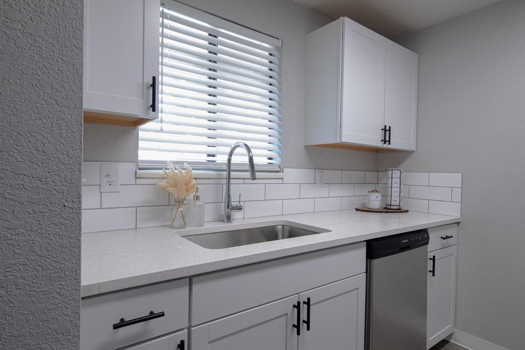 A kitchen with white cabinets and a stainless steel dishwasher.
