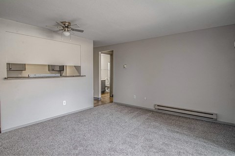 A room with a ceiling fan and a wall-mounted shelf.