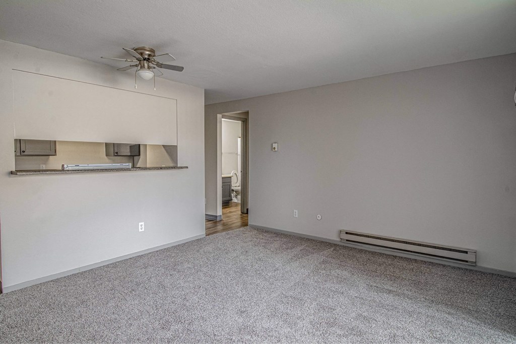 A room with a ceiling fan and a wall-mounted shelf.