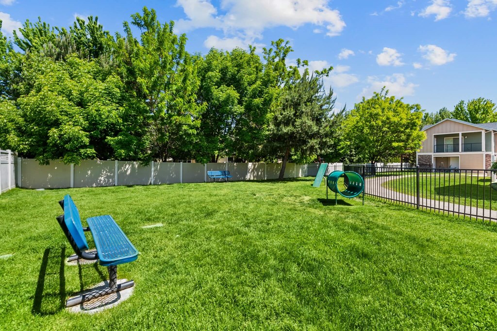 A green lawn with a blue chair and a green bench.