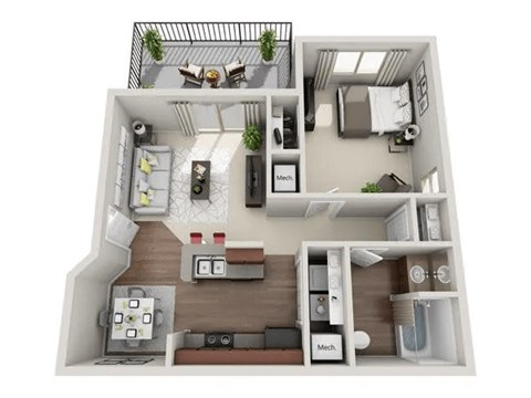 A 3D floor plan of a small apartment with a kitchen, living room, and bedroom.