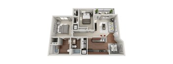 A 3D floor plan of a small apartment with a kitchen, living room, and bedroom.
