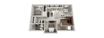 A 3D floor plan of a small apartment with a kitchen, living room, and bedroom.