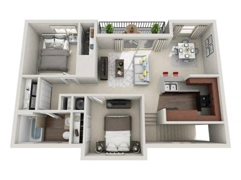 A 3D floor plan of a small apartment with a kitchen, living room, and bedroom.