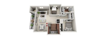 A 3D floor plan of a small apartment with a kitchen, living room, and bedroom.