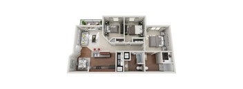 A 3D floor plan of a house with a kitchen, living room, and two bedrooms.