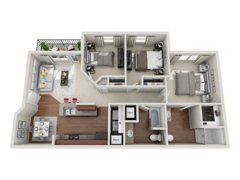 A 3D floor plan of a house with a kitchen, living room, and two bedrooms.