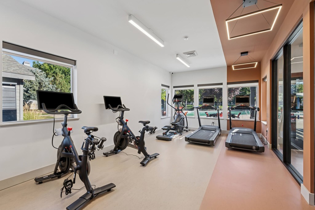 A gym with exercise equipment and a window showing a view of trees and a building.