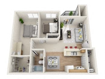 A 3D floor plan of a small apartment with a kitchen, living room, and bedroom.